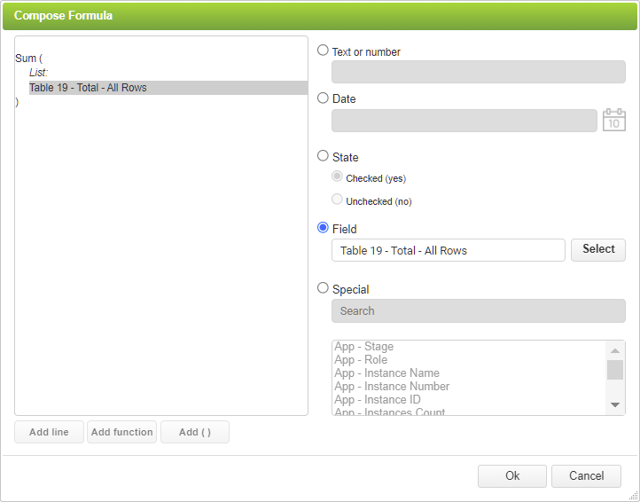 Performing Column Calculations - Compose Formula Dialog