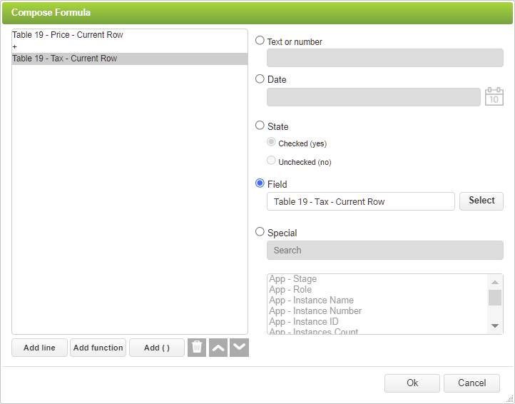 Performing Row Calculations - Comp Formula Dialog - Second Row Field Selected