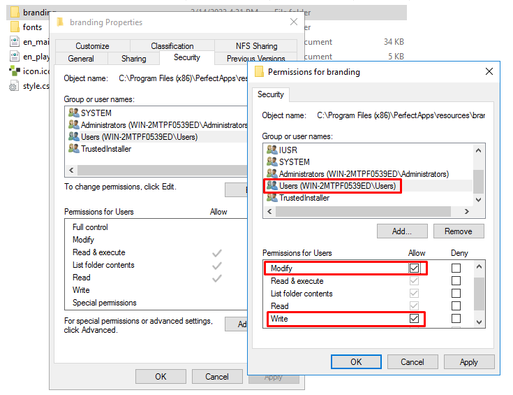 Branding folder permissions