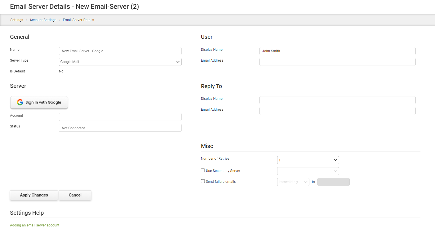 Adding an Account Resource - E-mail Server - Google