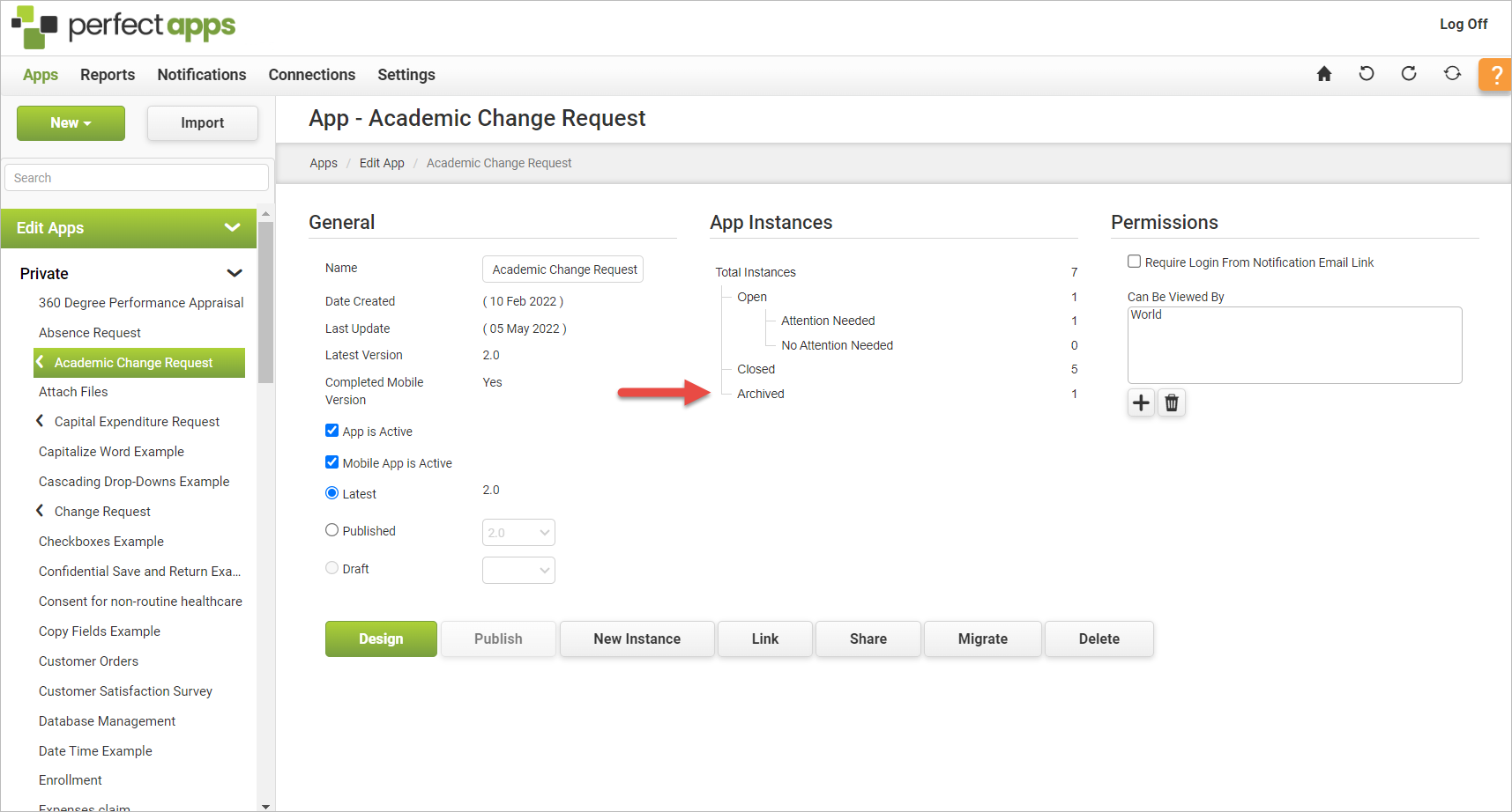 Accessing Archived Instances from App Inst Sum Area - App Details - Archived Link